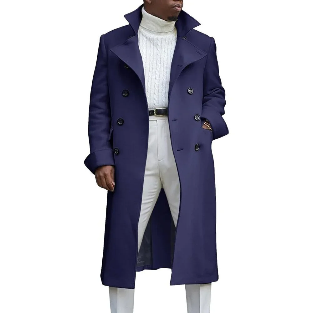 Men's Navy Blue Notch Lapel Double Breasted Trench Coat Cotton Blend Pea coat